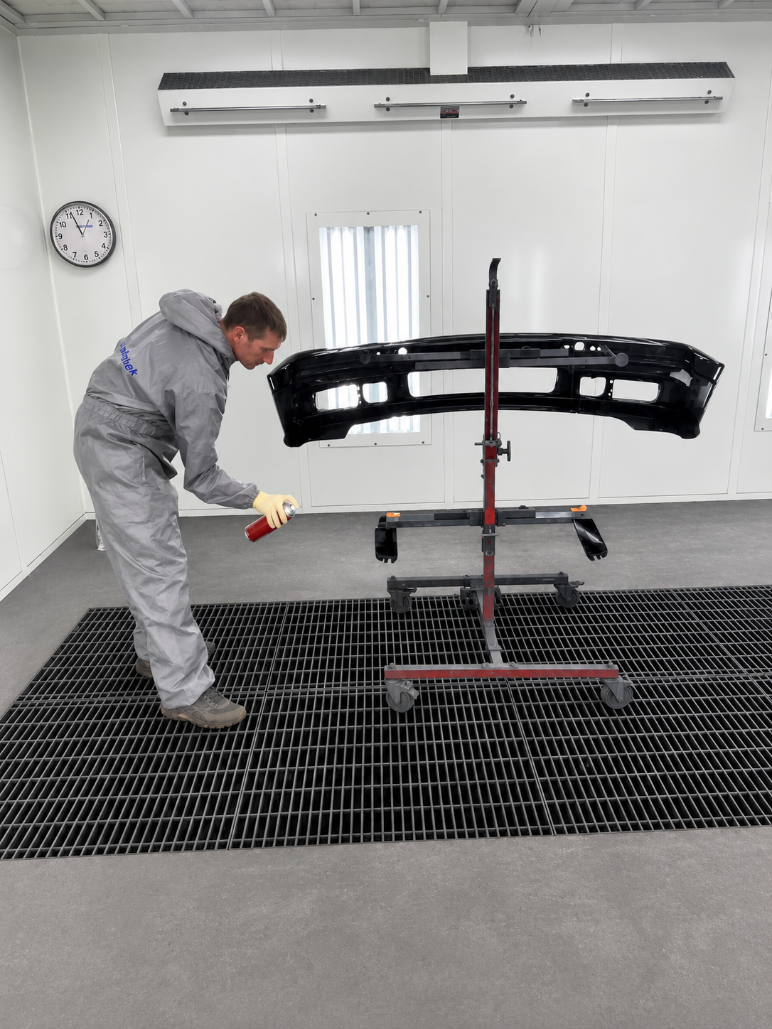 Technician spraying a black bumper cover on a stand in a clean paint booth
